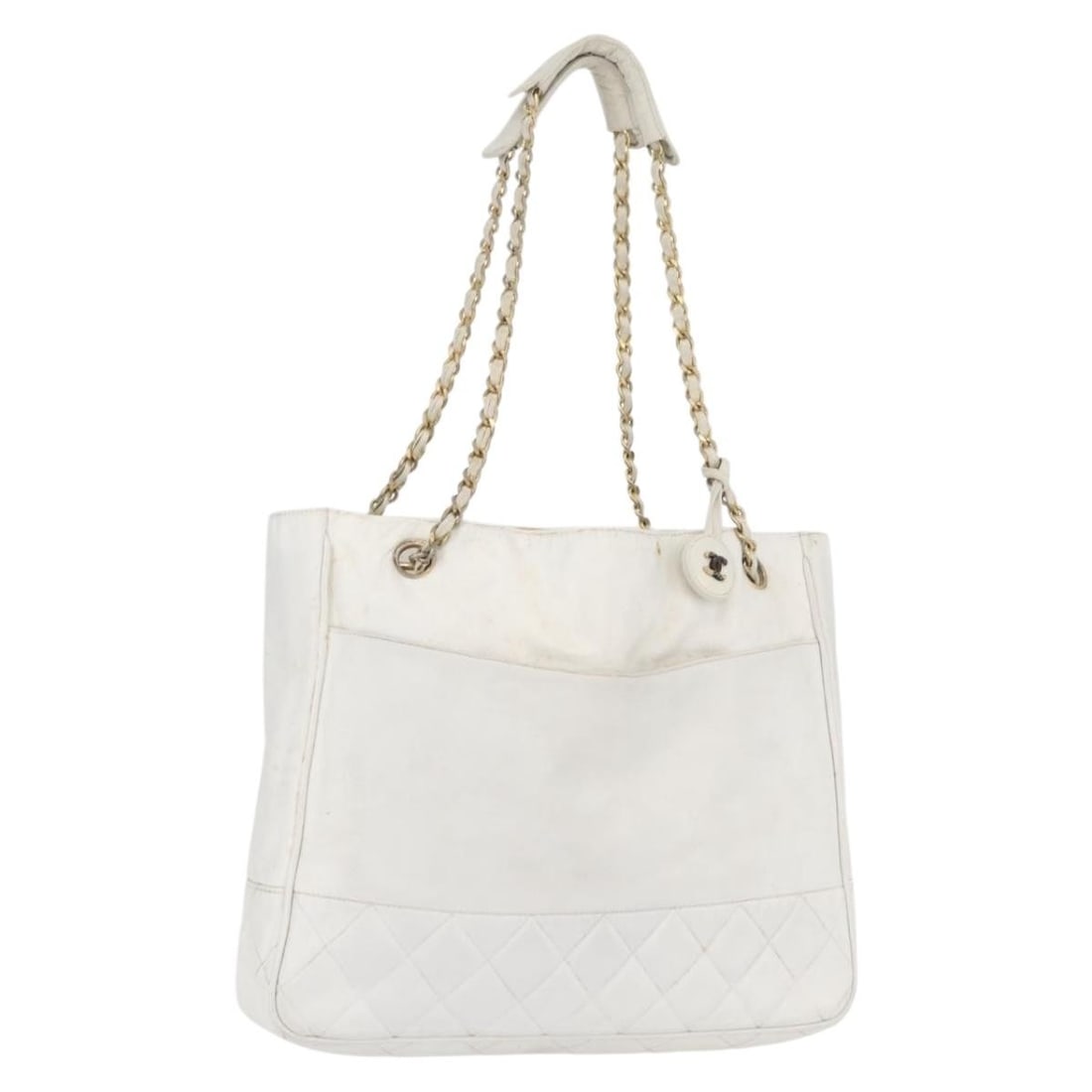 Chanel White Leather Shoulder Bag with Gold CC Chain Accent: Chanel White Leather Shoulder Bag with Gold CC Chain Accent This CHANEL chain shoulder bag is crafted from white leather with gold-tone accents. Designed for women, it features a spacious interior and