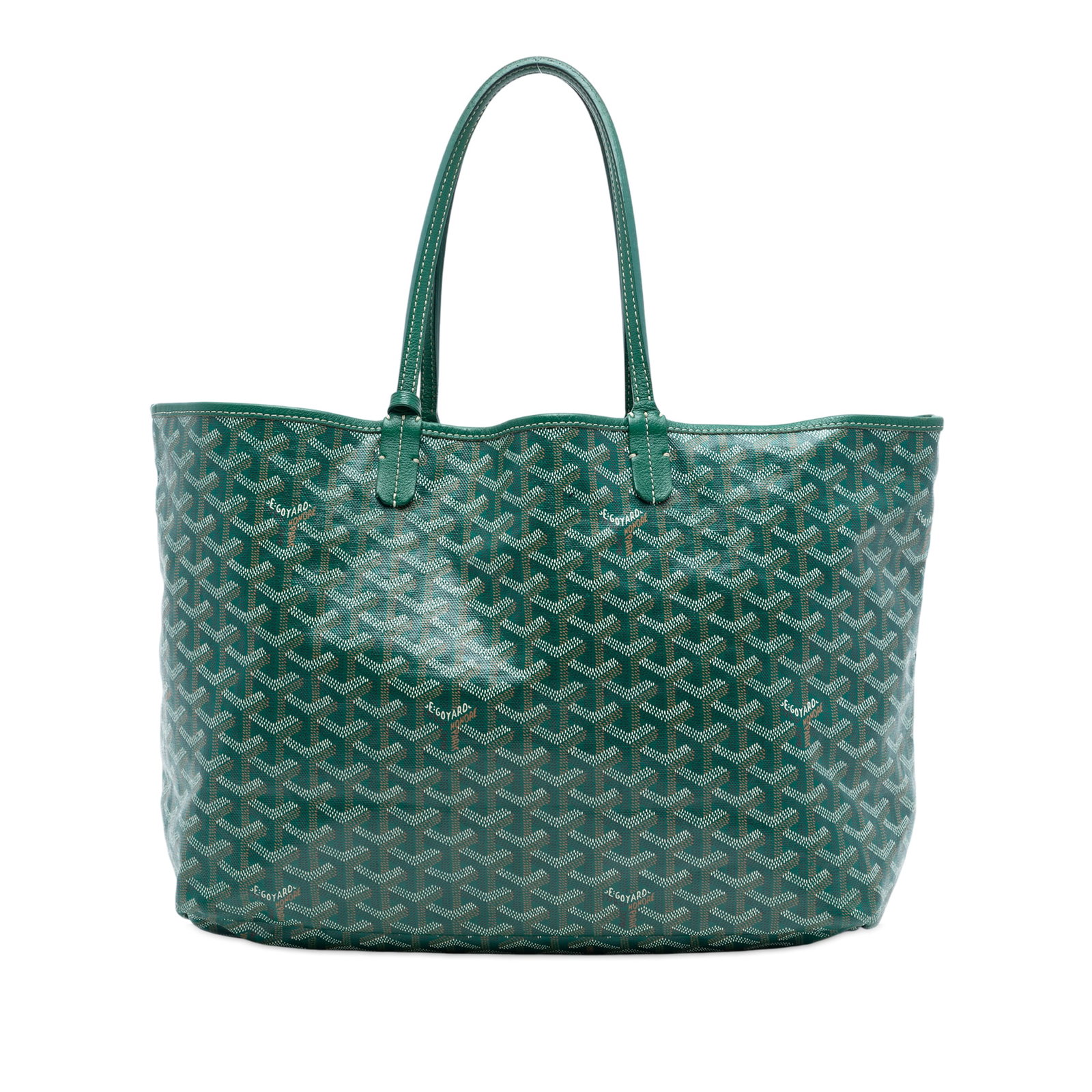 Goyard Saint Louis PM Green Tote with Pouch and Leather Trim: Goyard Saint Louis PM Green Tote with Pouch and Leather Trim The Saint Louis PM features a coated canvas body with leather trim, flat leather handles, an open top, and includes a matching pouch. The b