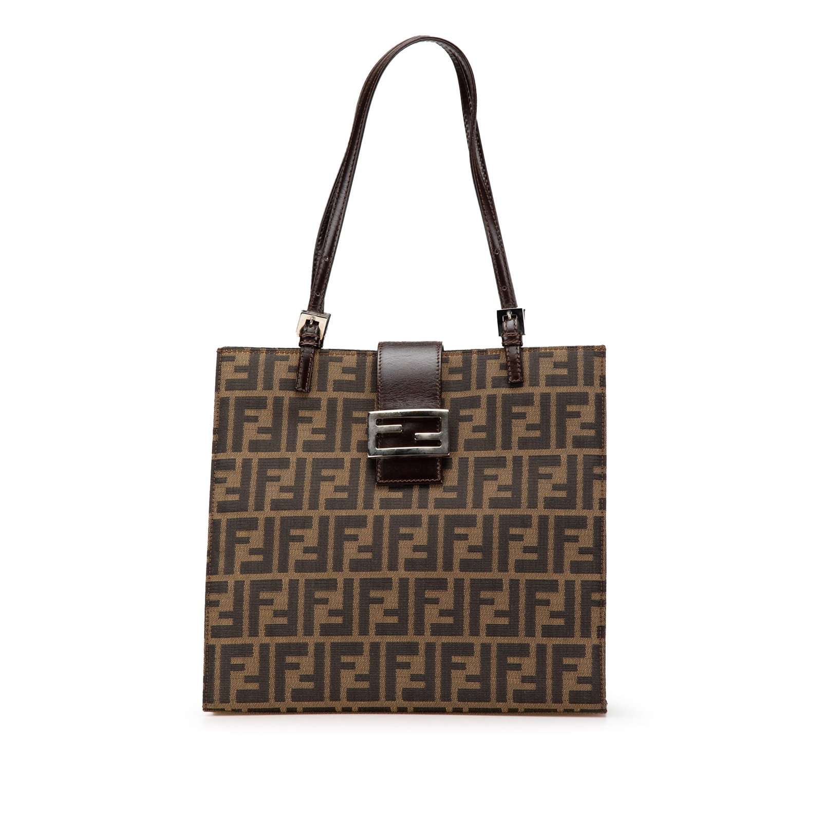 Brown Fendi Zucca Fabric Tote Bag with Leather Straps: Brown Fendi Zucca Fabric Tote Bag with Leather Straps The Fendi Zucca Canvas Tote features a durable canvas body with classic brown coloring, complemented by flat leather straps. The open top is secur