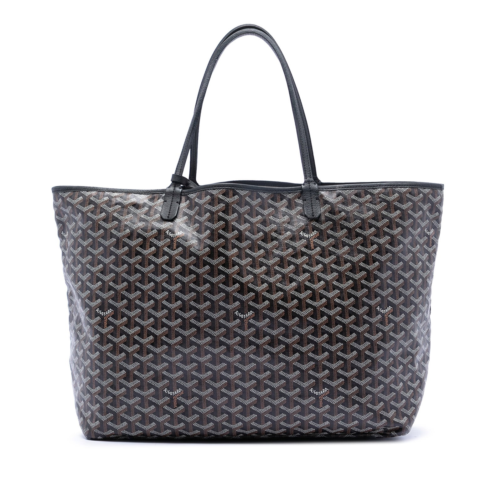 Goyard Saint Louis GM Coated Canvas Tote with Leather Trim Black: Goyard Saint Louis GM Coated Canvas Tote with Leather Trim Black This Goyard Saint Louis GM tote features a coated canvas exterior with leather trim, flat leather handles, an open top, and includes a 