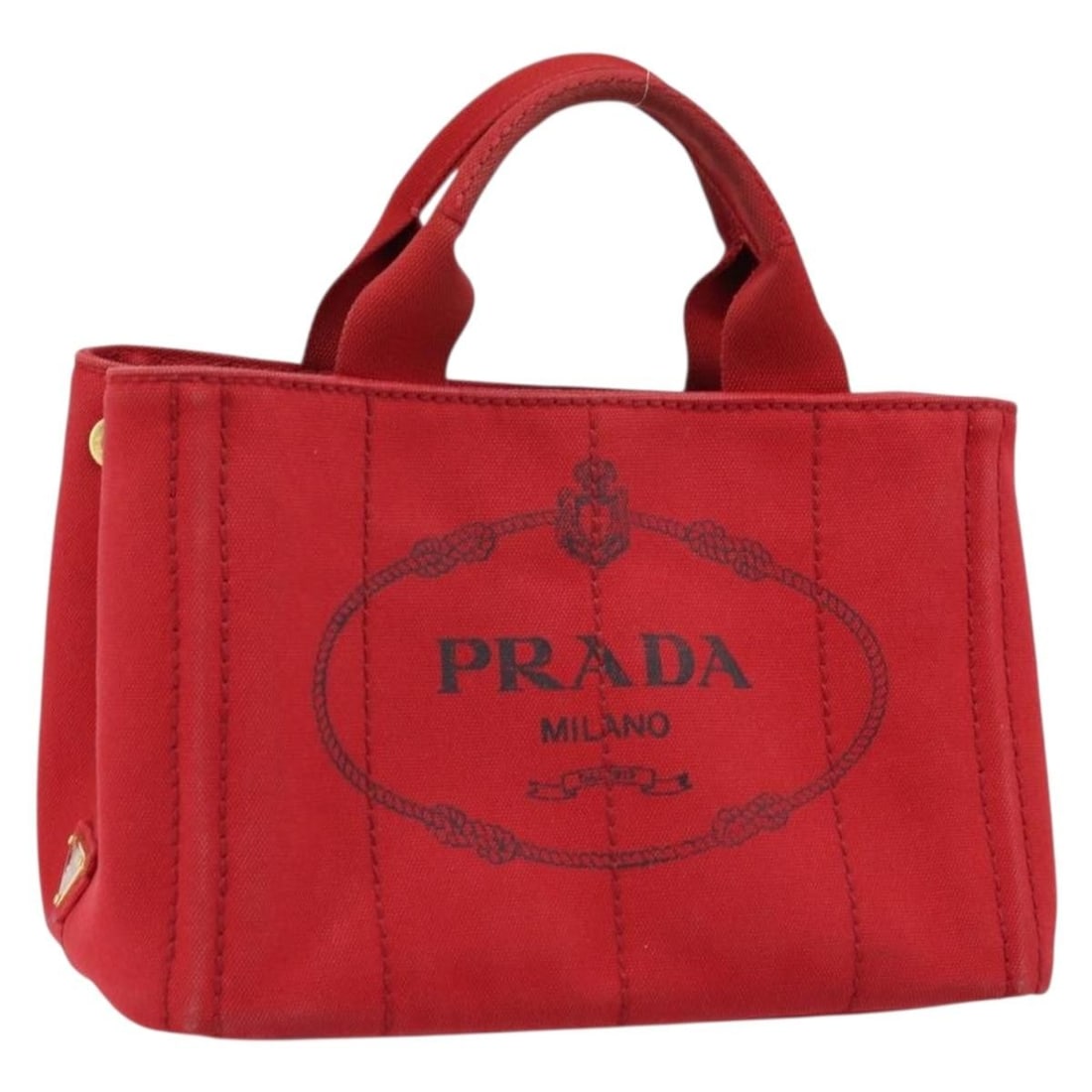 Prada Canapa PM Red Canvas Women's Handbag Gold Tone Hardware: Prada Canapa PM Red Canvas Women's Handbag Gold Tone Hardware This PRADA Canapa PM hand bag features a vibrant red canvas exterior with gold-tone accents. Designed for women, the bag is made in Italy 