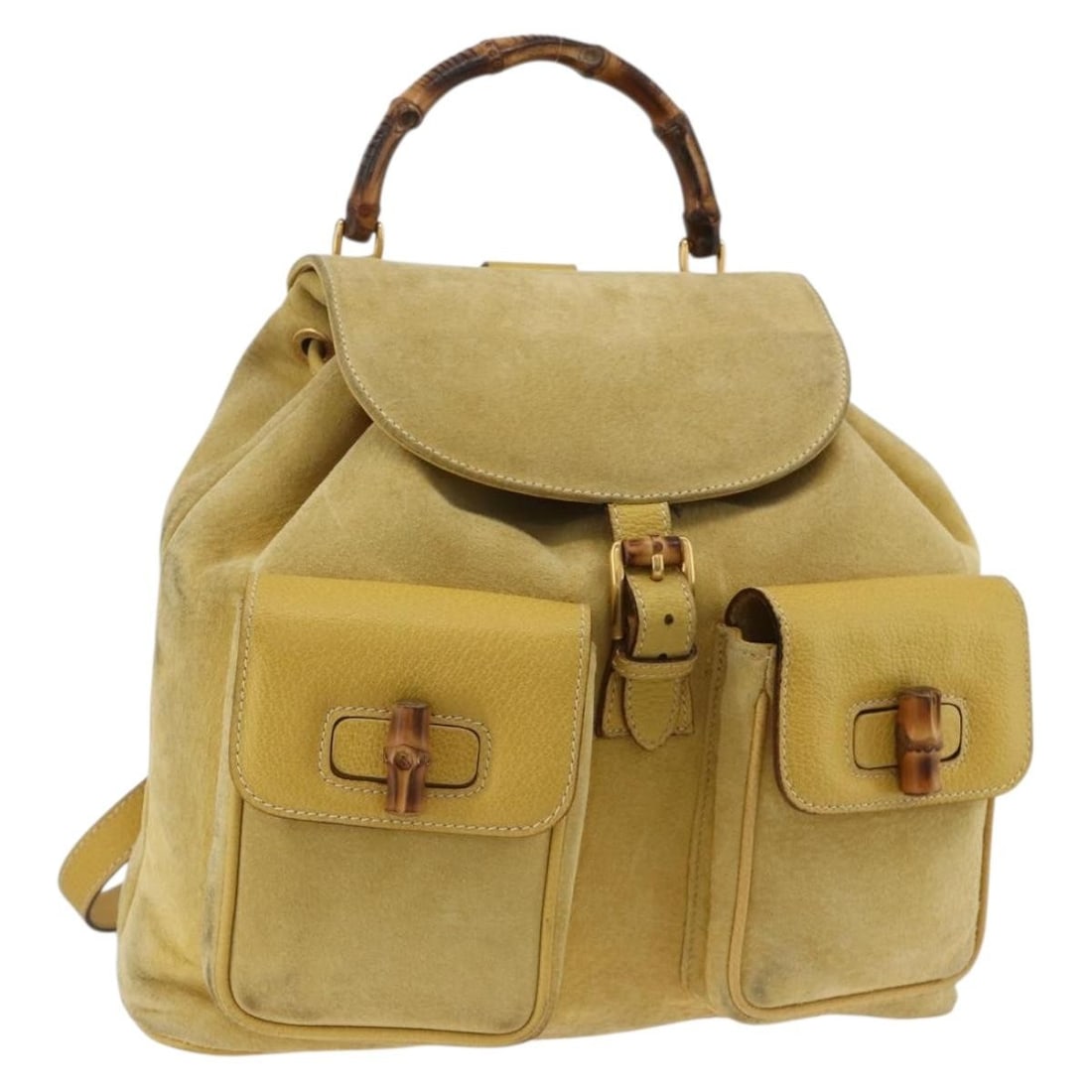 Gucci Bamboo Yellow Suede Women's Backpack Model 003 2058 0016: Gucci Bamboo Yellow Suede Women's Backpack Model 003 2058 0016 This is a Gucci Bamboo Backpack crafted from yellow suede with gold-tone accents. Designed for women, it features a distinctive bamboo ha
