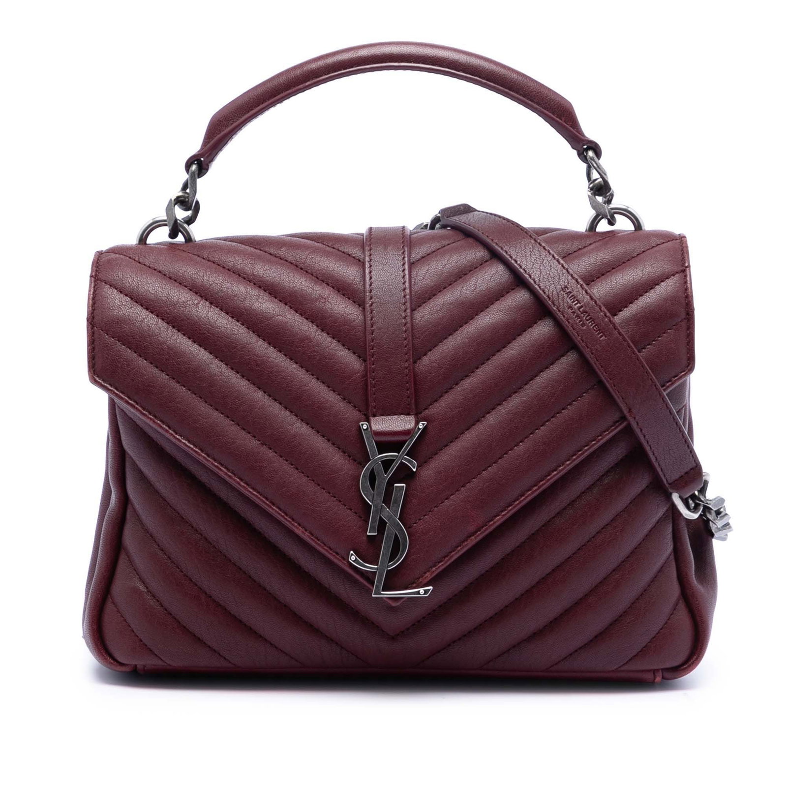 Saint Laurent College Satchel Medium Red Quilted Leather with Chain Strap: Saint Laurent College Satchel Medium Red Quilted Leather with Chain Strap This Saint Laurent Medium Chevron Sheepskin Monogram College Satchel features a quilted leather body in red, a rolled leather 