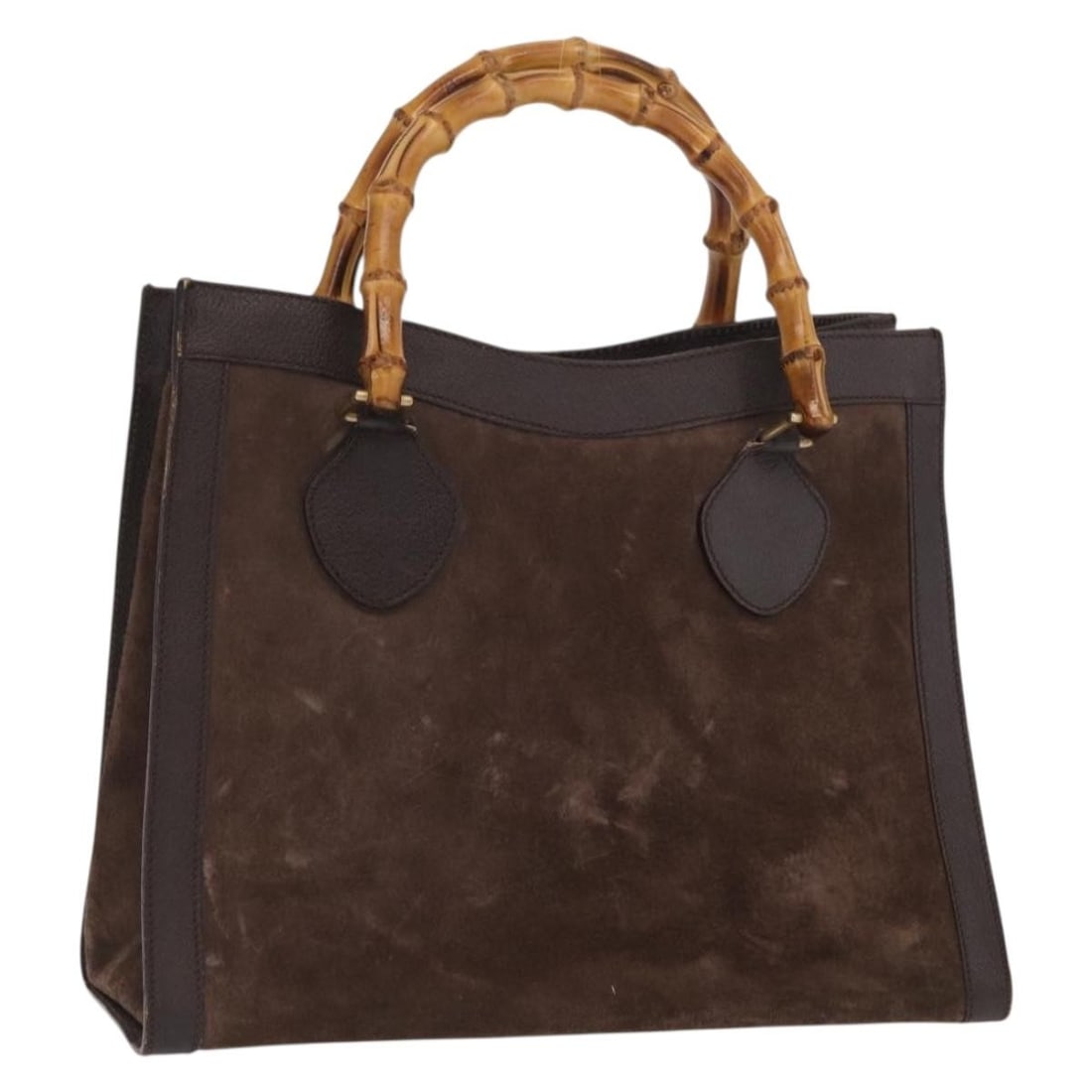 Brown Suede Bamboo Handle Bag by Gucci 002 1095 0260 Gold Accents: Brown Suede Bamboo Handle Bag by Gucci 002 1095 0260 Gold Accents This GUCCI Bamboo Hand Bag features a brown suede exterior with gold-tone accents. Designed for women, it offers a spacious interior, 