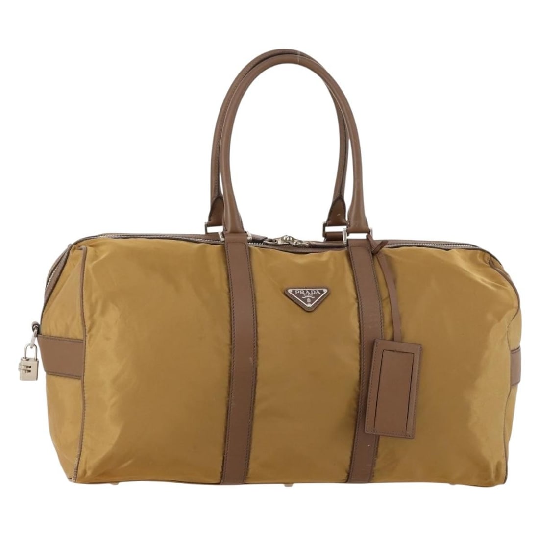 Prada Brown Nylon Boston Handbag with Silver Tone Hardware and Accessories: Prada Brown Nylon Boston Handbag with Silver Tone Hardware and Accessories This PRADA Boston bag is crafted from brown nylon with silver-tone accents and is designed for women. Made in Italy, it featu