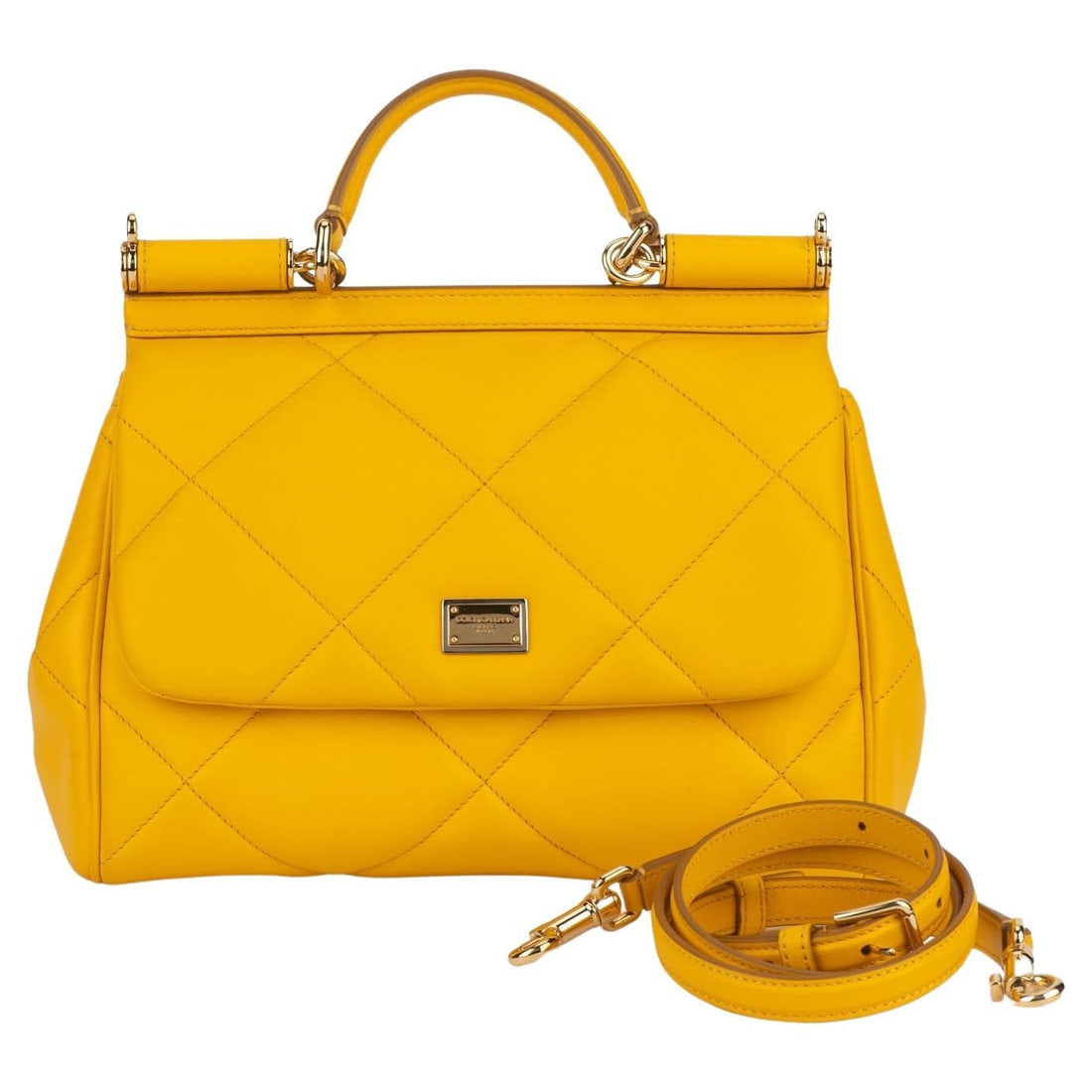 Dolce & Gabbana Yellow Sicily Bag in Quilted Calfskin: Dolce & Gabbana Yellow Sicily Bag in Quilted Calfskin Elevate your style with the Dolce & Gabbana Sicily Bag, a stunning accessory crafted from yellow soleil quilted Aria Calfskin. This handbag seamle