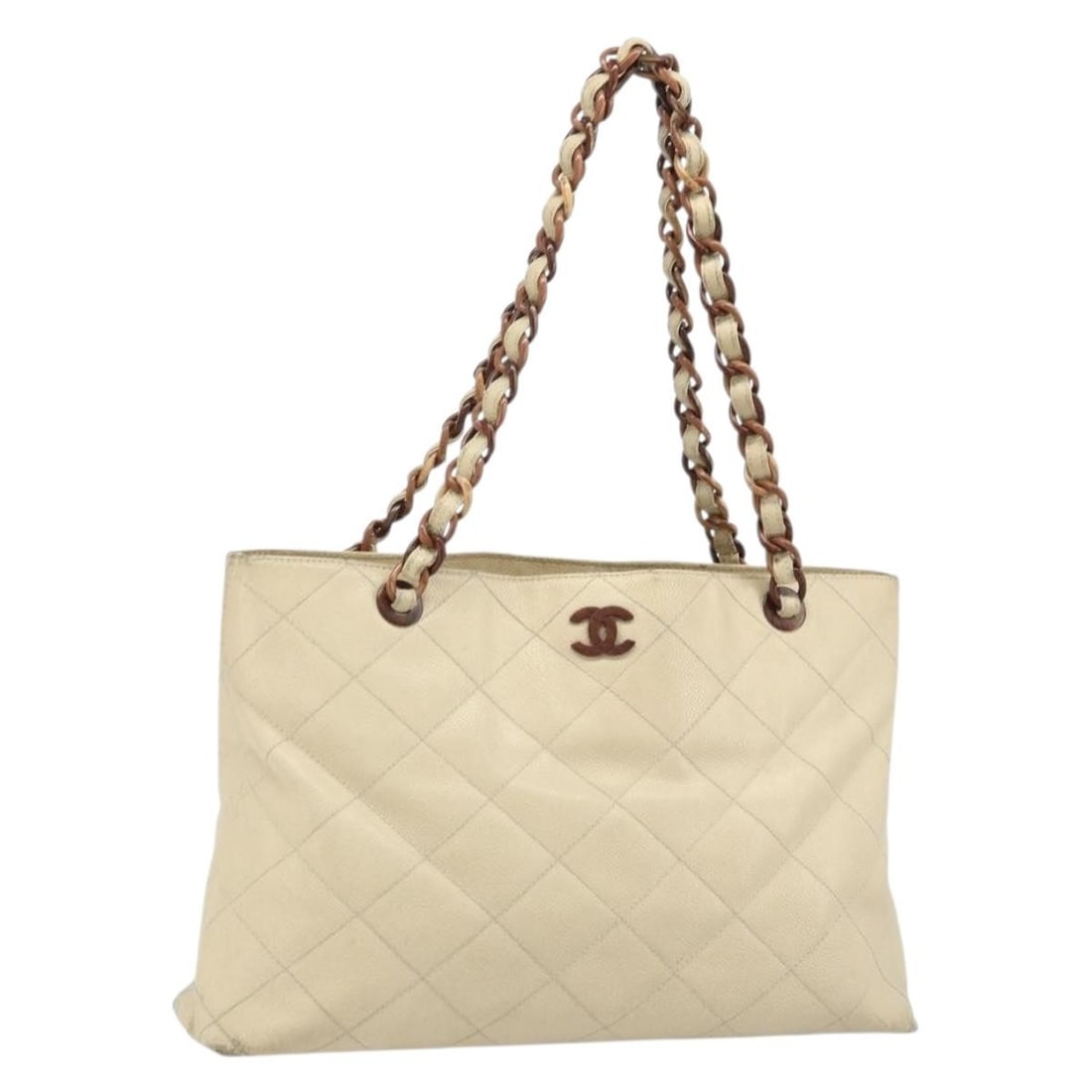 Chanel Matelasse Ivory Caviar Leather Tote Shoulder Bag with Gold Chain: Chanel Matelasse Ivory Caviar Leather Tote Shoulder Bag with Gold Chain This CHANEL Matelasse Chain Shoulder Tote Bag is crafted from grained caviar calfskin in an ivory color with gold-tone accents. 
