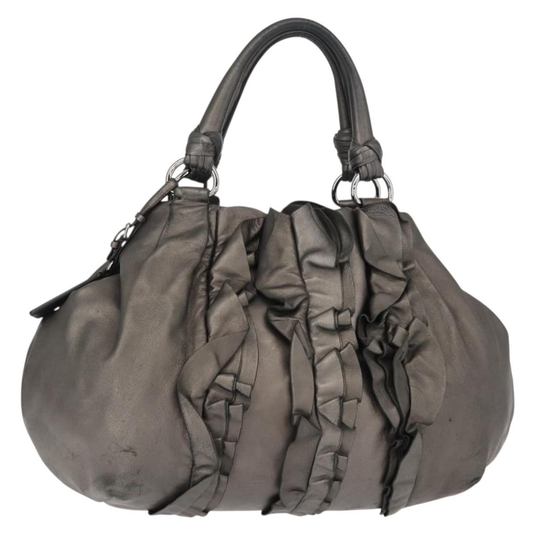 PRADA Gray Leather Tote Bag Authentic 146806 Italy: PRADA Gray Leather Tote Bag Authentic 146806 Italy This PRADA Tote Bag is a stylish accessory crafted from high-quality leather in a sophisticated gray and silver color combination. Made in Italy, thi