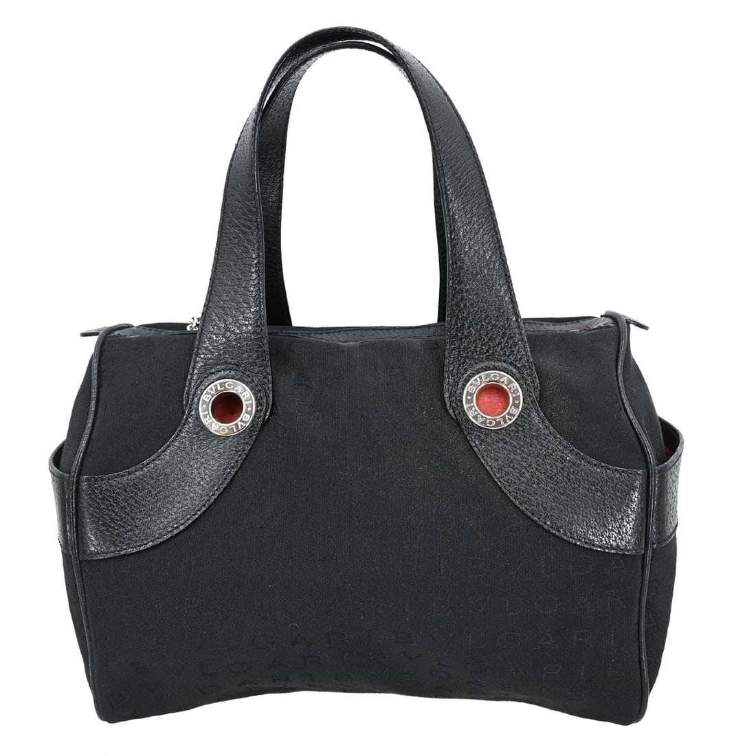 Bvlgari Logomania Black Canvas Medium Tote with Leather Handles and Logo Accents: Bvlgari Logomania Black Canvas Medium Tote with Leather Handles and Logo Accents This BVLGARI Logomania tote handbag features a black canvas exterior with prominent logo accents and double leather han