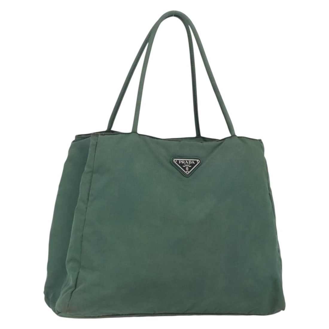 Khaki Nylon Prada Tote with Silver Accents Made in Italy: Khaki Nylon Prada Tote with Silver Accents Made in Italy This PRADA tote bag is crafted from durable nylon in a khaki and silver color combination. Made in Italy, it features a spacious main compartme
