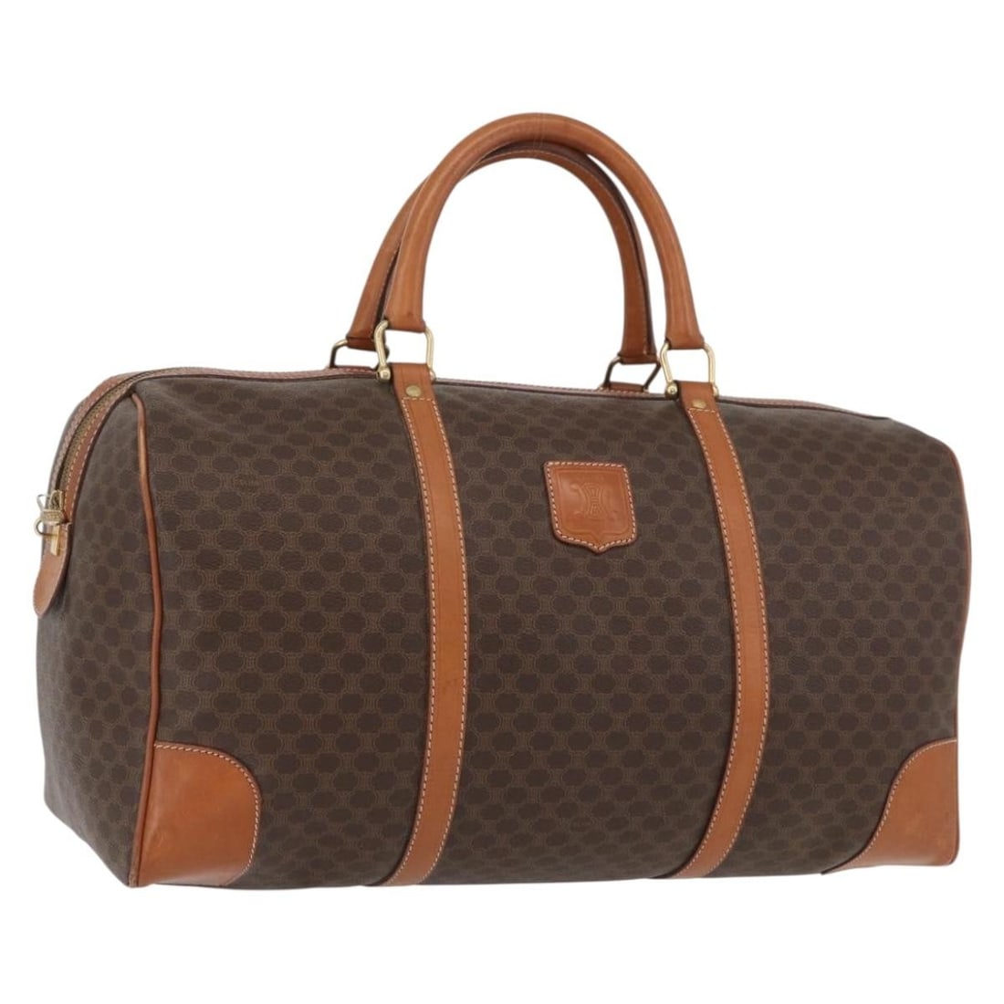 Celine Macadam Pattern Boston Bag Brown PVC Leather Gold Accents: Celine Macadam Pattern Boston Bag Brown PVC Leather Gold Accents This Celine Boston bag features the signature Macadam canvas with PVC leather detailing in brown and gold tones. Designed for women, it
