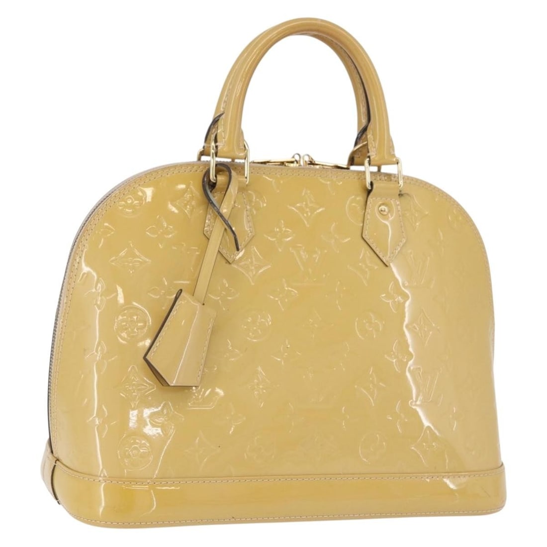 Louis Vuitton Alma PM Beige Vernis Patent Leather Handbag M90170 with Clochette: Louis Vuitton Alma PM Beige Vernis Patent Leather Handbag M90170 with Clochette This is a Louis Vuitton Monogram Vernis Alma PM handbag in beige patent leather. The bag features a structured silhouett