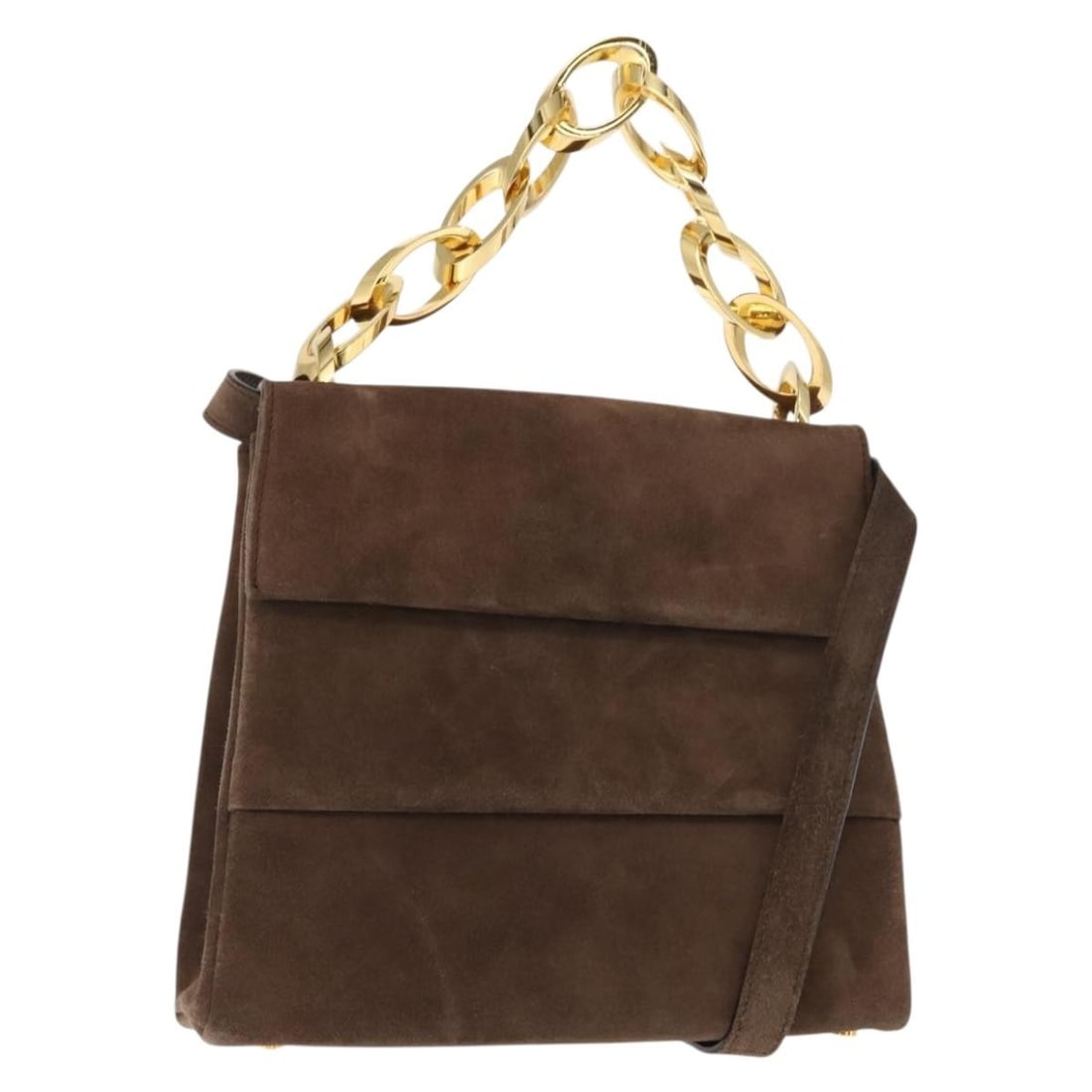 Salvatore Ferragamo Suede Hand Bag Brown Gold Auth BA7332: Salvatore Ferragamo Suede Hand Bag Brown Gold Auth BA7332 This Salvatore Ferragamo chain handbag combines elegance and sophistication with its rich brown suede exterior complemented by gold accents. C