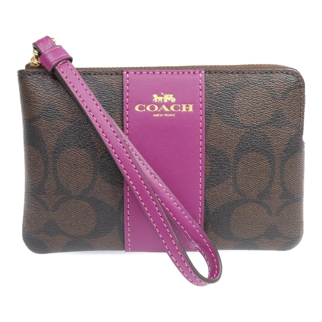 Coach Brown Purple Coated Canvas Long Wallet with Gold Hardware: Coach Brown Purple Coated Canvas Long Wallet with Gold Hardware This COACH L-shaped zipper long wallet features a brown PVC coated canvas exterior with purple accents. The wallet offers a spacious int
