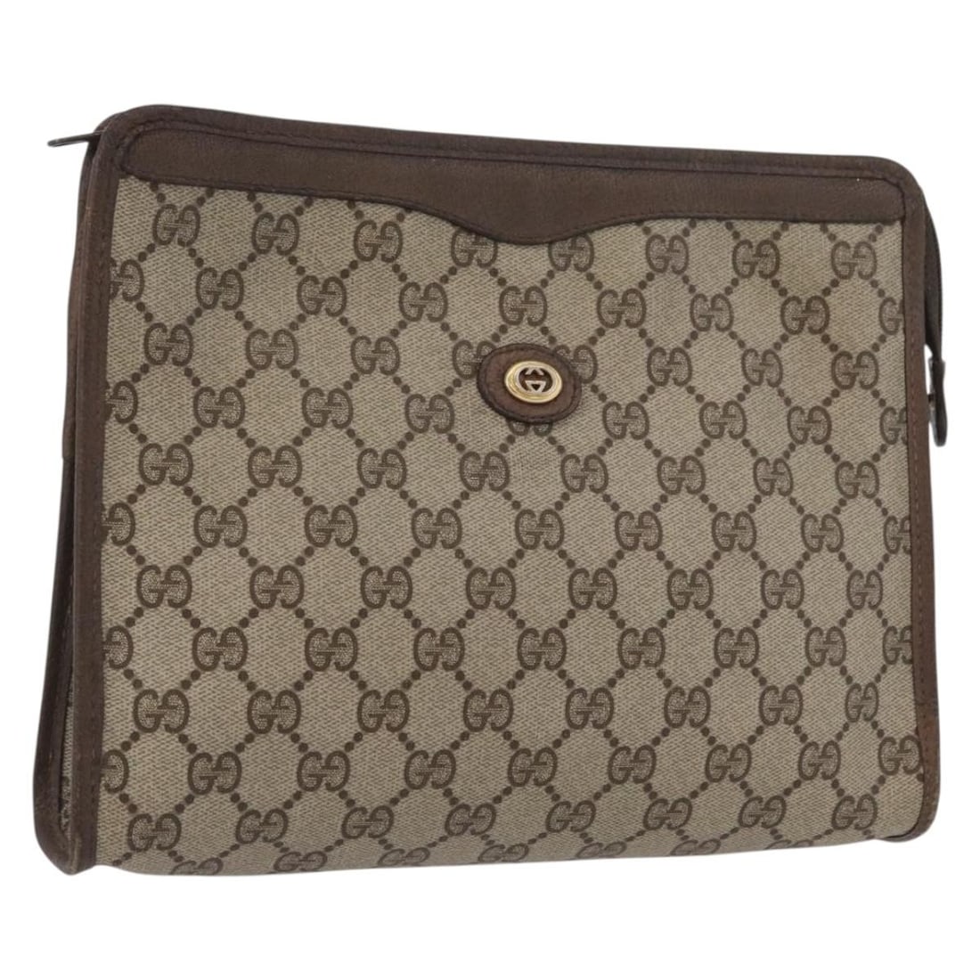 Beige Gold PVC GG Supreme Clutch by Gucci 156 01 061: Beige Gold PVC GG Supreme Clutch by Gucci 156 01 061 This GUCCI GG Supreme clutch bag features a beige and gold exterior crafted from PVC leather and GG canvas. Designed for women, it offers a compact