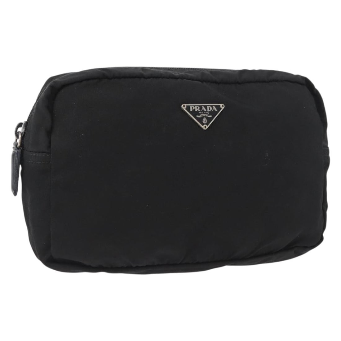 Black Nylon Prada Women's Pouch with Silver Accents Made in Italy: Black Nylon Prada Women's Pouch with Silver Accents Made in Italy This is a PRADA women's pouch crafted from black nylon with silver-tone accents. The pouch features a compact design and is made in It