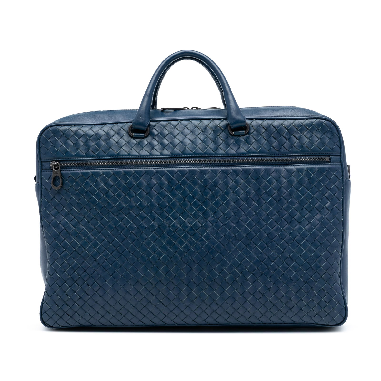 Blue Leather Business Tote with Intrecciato Weave by Bottega Veneta: Blue Leather Business Tote with Intrecciato Weave by Bottega Veneta This Bottega Veneta Nappa Intrecciato business bag features a signature woven leather design in blue with rolled handles and a top z