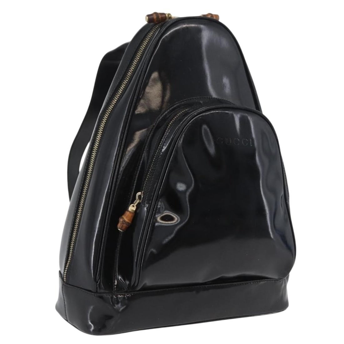 Gucci Black Patent Leather Bamboo Body Bag with Gold Accents 003 2113 0027: Gucci Black Patent Leather Bamboo Body Bag with Gold Accents 003 2113 0027 This is a Gucci Bamboo body bag crafted from black and gold patent leather. Designed for women, the bag features a spacious i