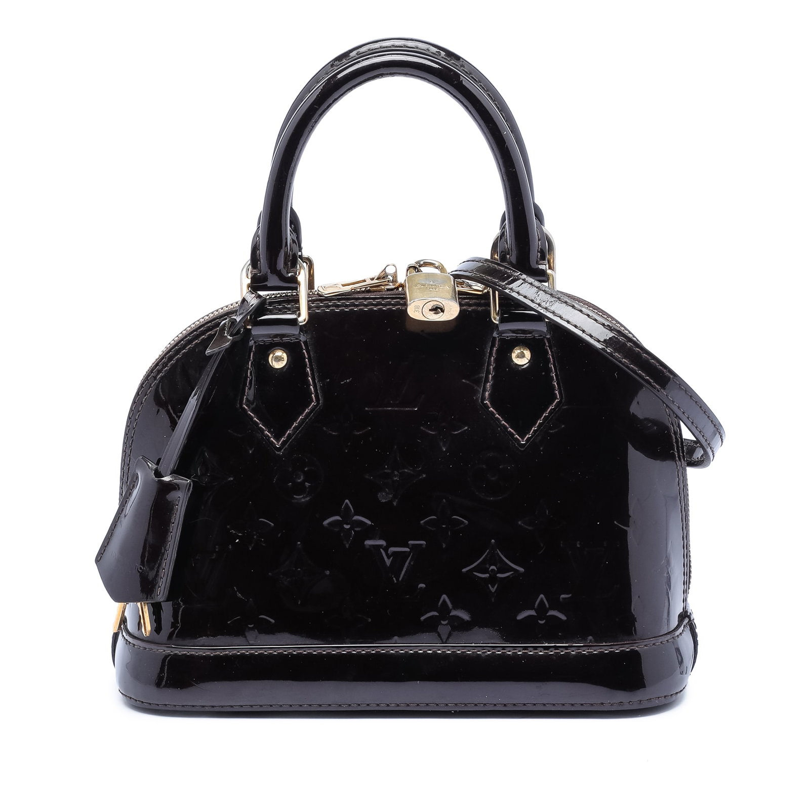 Louis Vuitton Alma BB Purple Monogram Vernis Leather Handbag: Louis Vuitton Alma BB Purple Monogram Vernis Leather Handbag This Louis Vuitton Monogram Vernis Alma BB handbag features a glossy monogram vernis leather body in purple, rolled leather handles, a zip-