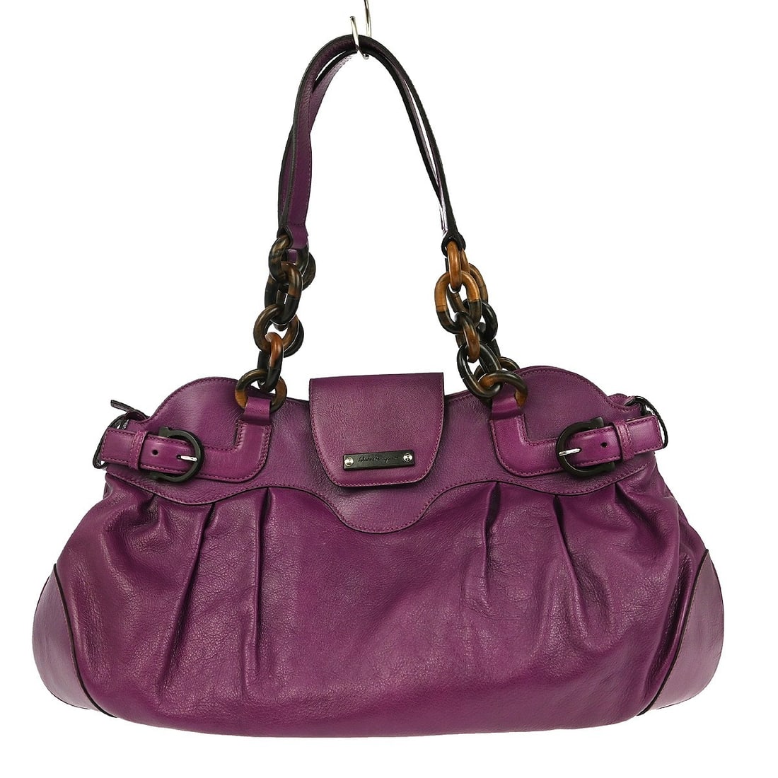 Purple Leather Gancini Top Handle Bag by Salvatore Ferragamo: Purple Leather Gancini Top Handle Bag by Salvatore Ferragamo Elevate your style with this stunning Salvatore Ferragamo Gancini Handbag, crafted from luxurious purple leather. This medium-sized top han