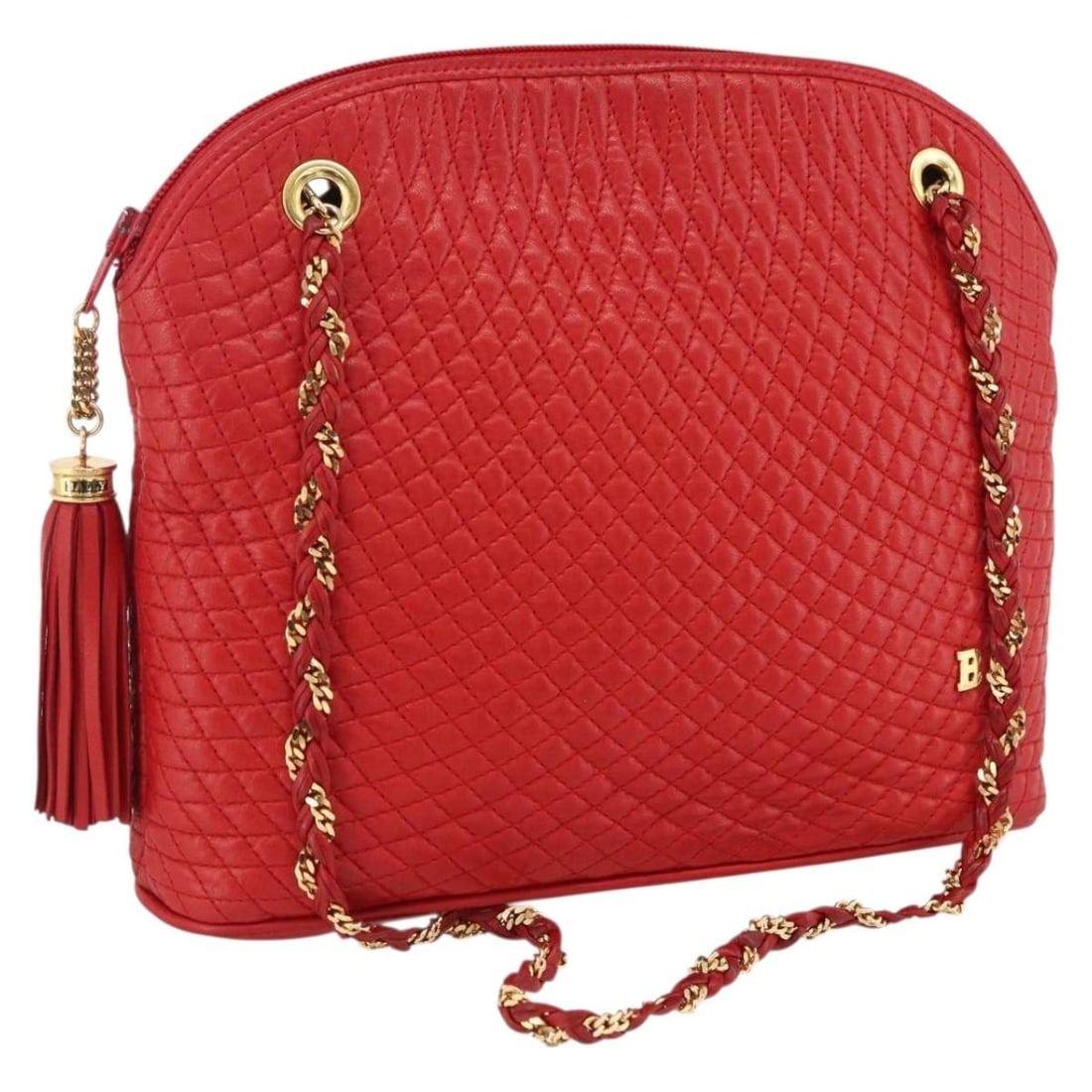 Red Leather Quilted Shoulder Bag with Chain Strap by Bally: Red Leather Quilted Shoulder Bag with Chain Strap by Bally This BALLY quilted chain shoulder bag features a red leather exterior with gold-tone accents. Designed for women, the bag offers a spacious i
