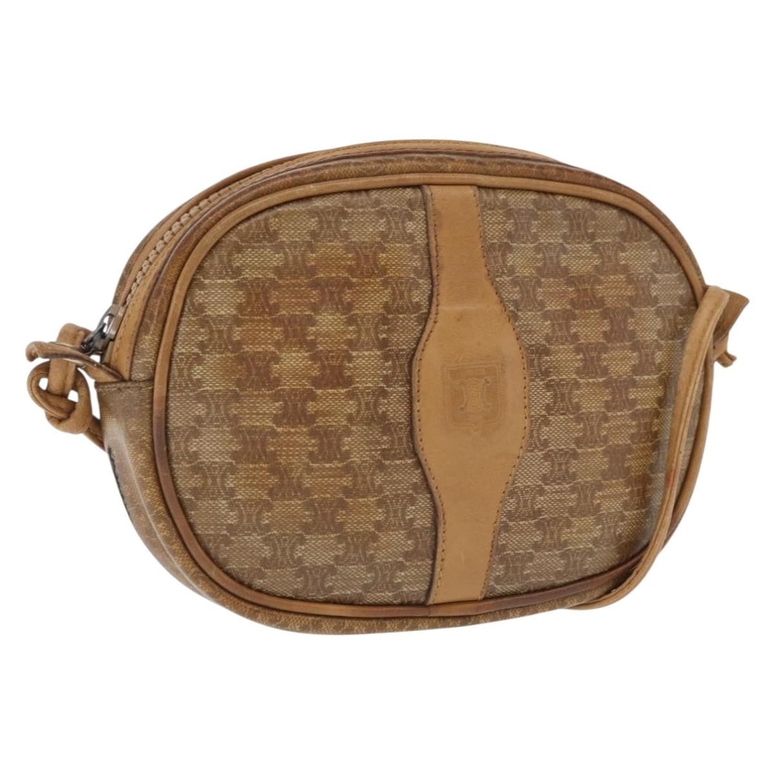 Beige PVC Macadam Canvas Shoulder Bag by CELINE: Beige PVC Macadam Canvas Shoulder Bag by CELINE This CELINE Macadam Canvas shoulder bag features beige PVC leather with the signature Macadam pattern. Made in Italy, the bag has a compact design and a