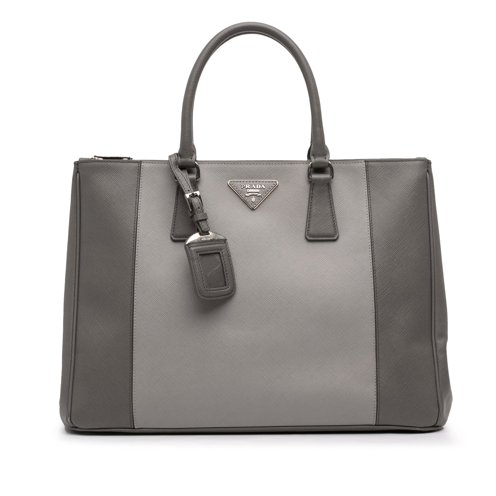 Prada Galleria Saffiano Leather Double Zip Large Satchel Gray: Prada Galleria Saffiano Leather Double Zip Large Satchel Gray This Prada Large Bicolor Saffiano Lux Galleria Double Zip Satchel is crafted from saffiano leather and features rolled leather handles, an