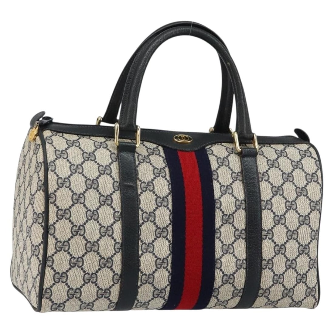 GG Supreme Sherry Line Boston Bag Navy Gold PVC Leather 39 02 007: GG Supreme Sherry Line Boston Bag Navy Gold PVC Leather 39 02 007 This is a Gucci GG Supreme Sherry Line Boston Bag crafted from navy and gold PVC leather with GG canvas accents. Designed for women, t