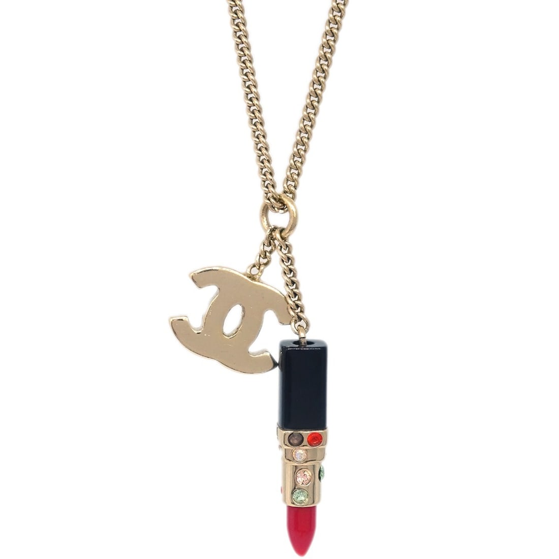 Chanel Gold CC Pendant Charm Necklace 04A Red Black: Chanel Gold CC Pendant Charm Necklace 04A Red Black Elevate your accessory collection with this stunning Chanel Lipstick Gold CC Pendant Necklace from the 04A collection. Featuring a charming CC penda