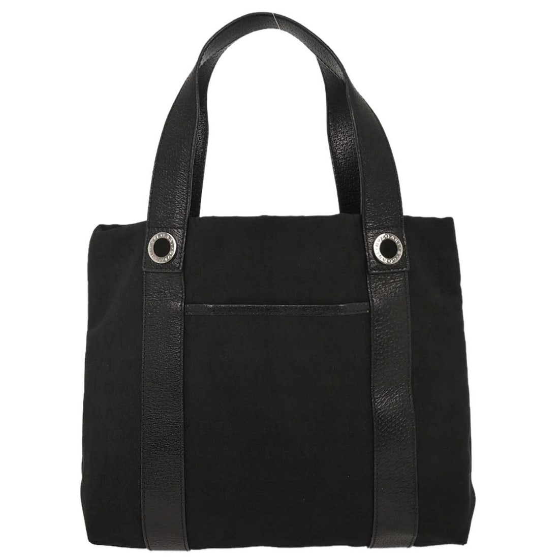 Bvlgari Logomania Black Canvas Tote Handbag with Leather Handles: Bvlgari Logomania Black Canvas Tote Handbag with Leather Handles Introducing the Bvlgari Black Canvas Logomania Tote Handbag, a stylish accessory crafted from durable canvas with elegant leather handl