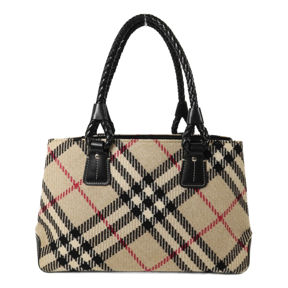 Burberry Beige Wool Tote Bag with Silver Tone Hardware: Burberry Beige Wool Tote Bag with Silver Tone Hardware This Burberry tote bag features a beige wool exterior, offering a classic and sophisticated look suitable for everyday use. Designed for women, i