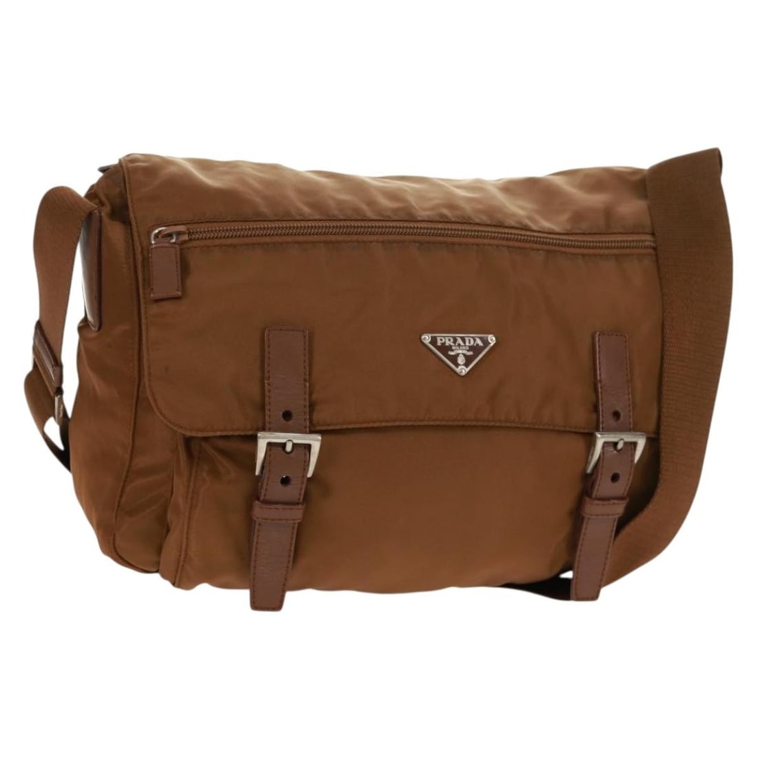 Prada Brown Nylon Shoulder Bag with Silver Tone Hardware and Guarantee Card: Prada Brown Nylon Shoulder Bag with Silver Tone Hardware and Guarantee Card This PRADA shoulder bag features a brown and silver nylon exterior and is designed for everyday use. Made in Italy, it comes