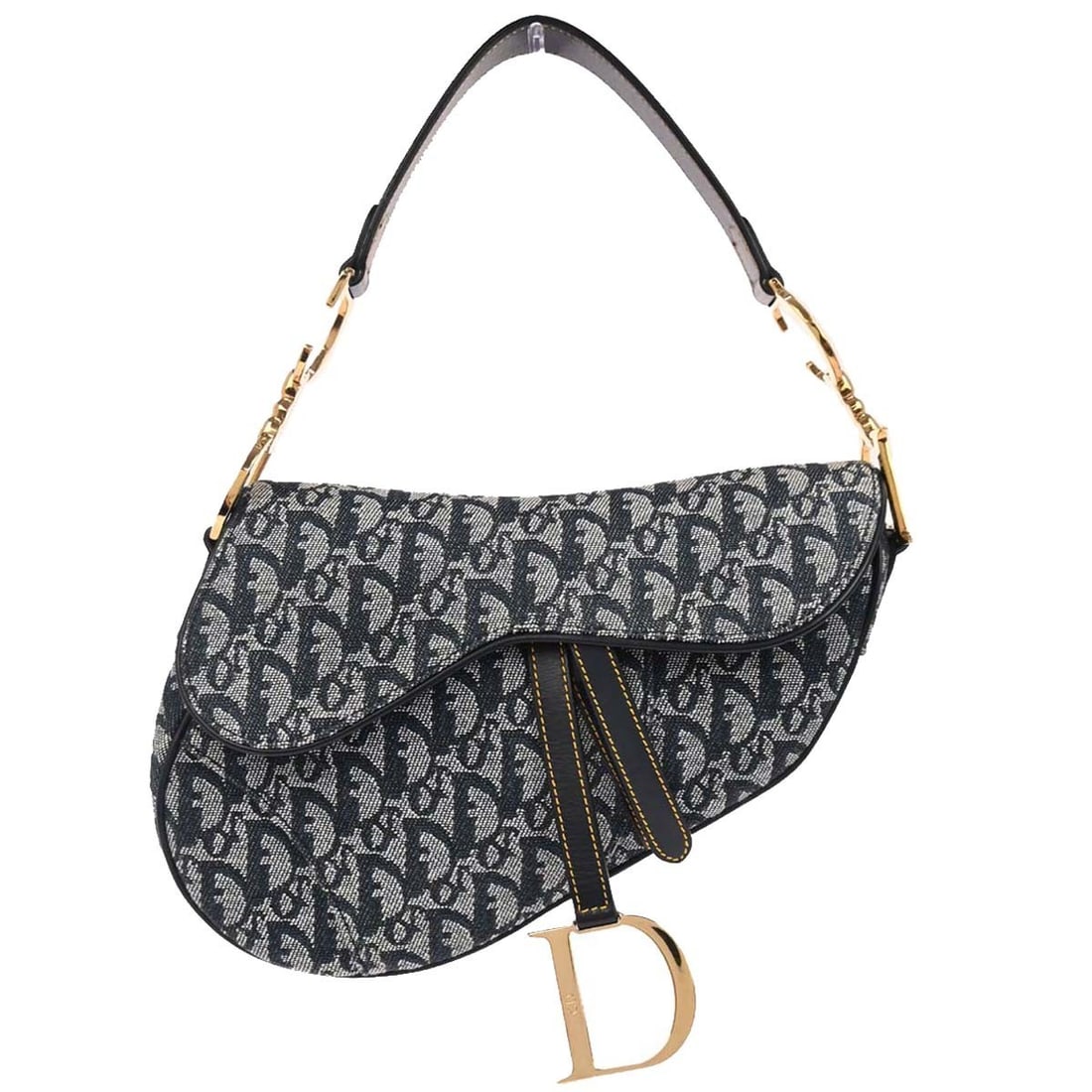 Dior Saddle Bag Navy Canvas and Leather Shoulder Handbag RU0062: Dior Saddle Bag Navy Canvas and Leather Shoulder Handbag RU0062 This Christian Dior navy Trotter Saddle handbag features a medium-sized silhouette crafted from canvas leather. The bag has a distinctiv