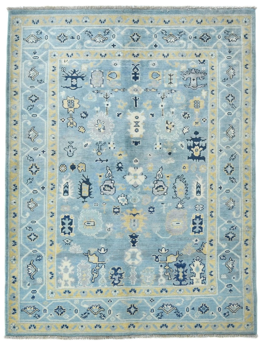 Handmade Blue Kazak Oushak Wool Rug 4X5 Floral Modern Design: Handmade Blue Kazak Oushak Wool Rug 4X5 Floral Modern Design Enhance your space with this exquisite handmade Blue Kazak Oushak rug, perfect for adding a touch of elegance to any room. Measuring 3'11" 