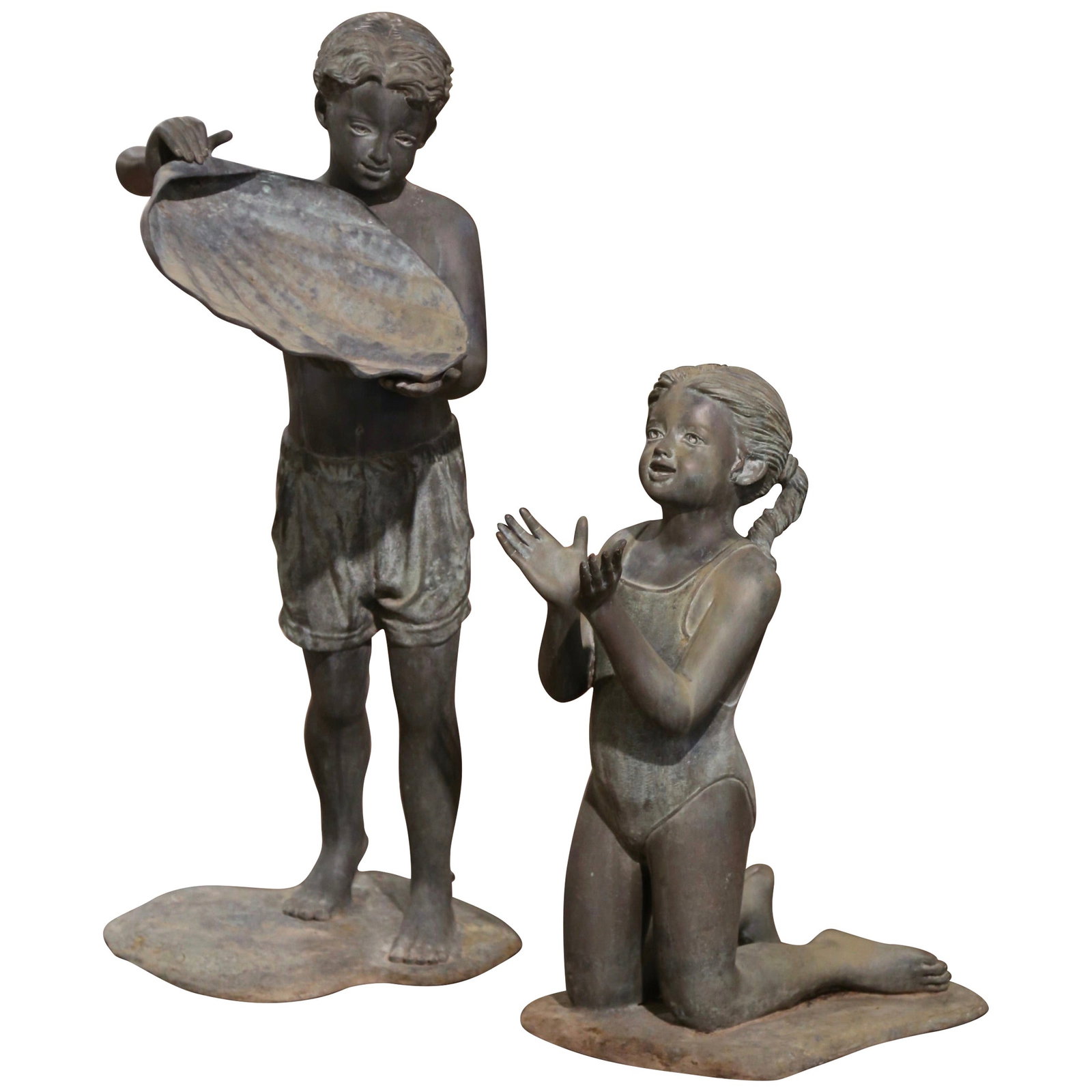 Verdigris Bronze Fountain Sculpture of Boy and Girl by Vernon Geyco 1980: Verdigris Bronze Fountain Sculpture of Boy and Girl by Vernon Geyco 1980 This American verdigris bronze figural fountain, crafted circa 1980, features a playful composition of a standing boy lifting a