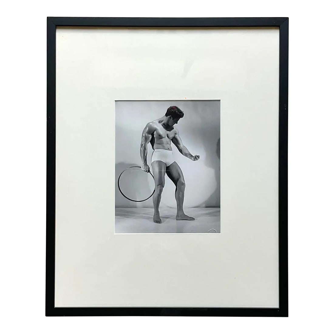 Mid Century Bruce of LA Framed Photograph of Man with Hoop: Mid Century Bruce of LA Framed Photograph of Man with Hoop Embrace the elegance of mid-century photography with this stunning framed photograph by Bruce of LA, featuring a man with a hoop. Known for h