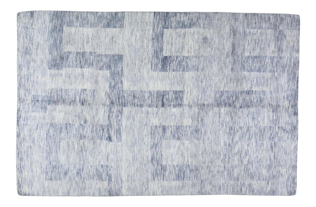6'7" x 10'1" Beni Ourain Moroccan Wool Rug in Natural Blue Tones: 6'7" x 10'1" Beni Ourain Moroccan Wool Rug in Natural Blue Tones This Moroccan Beni Ourain rug is hand knotted from natural, organic wool, featuring a contemporary style with a soft texture. Its natur