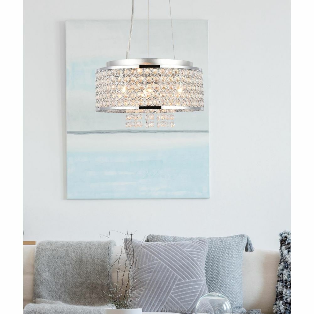 Amelie Modern Crystal Pendant Light Fixture Chrome Finish 4 Lights 12 Inch: Amelie Modern Crystal Pendant Light Fixture Chrome Finish 4 Lights 12 Inch This modern pendant chandelier features a high-quality chrome-plated finish and is adorned with royal-cut clear crystals. The