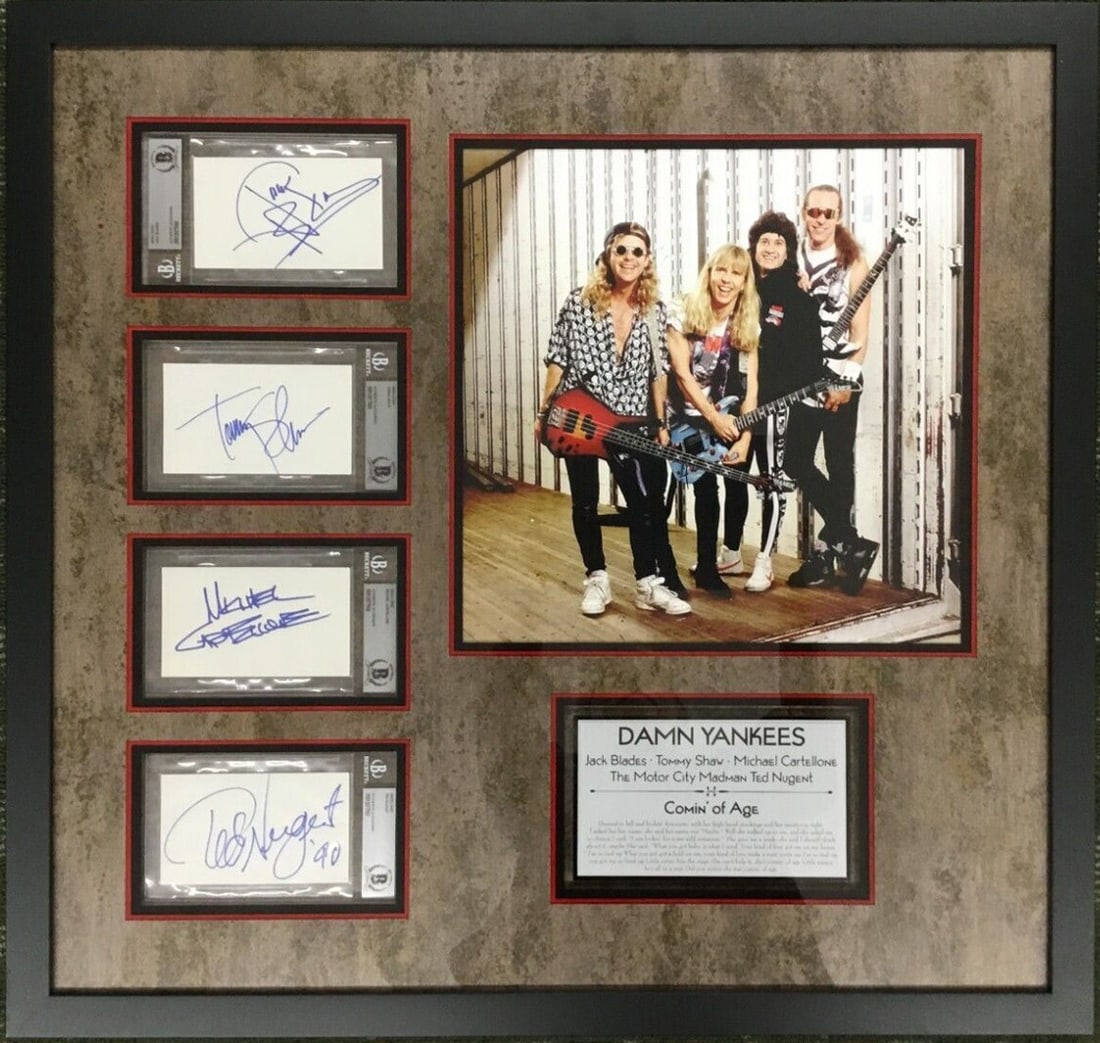 Damn Yankees Signed Photo Framed with 4 Cards Beckett Authenticated: Damn Yankees Signed Photo Framed with 4 Cards Beckett Authenticated This is a stunning piece of memorabilia featuring the Damn Yankees, a supergroup known for their rock music. The item includes a col