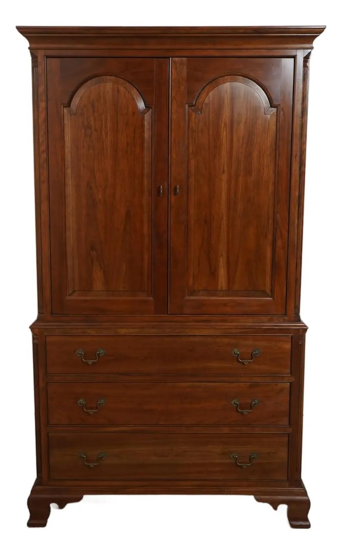 Stickley Cherry 2 Door Armoire Cabinet Chippendale Style 1997: Stickley Cherry 2 Door Armoire Cabinet Chippendale Style 1997 This Stickley Cherry 2 Door TV Armoire Cabinet, crafted around 1997, showcases exquisite craftsmanship with its solid cherry construction 