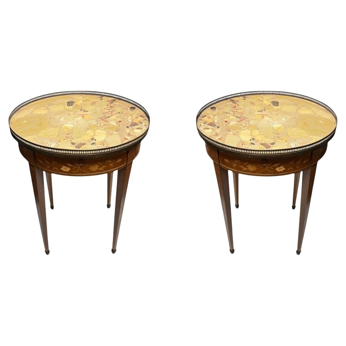 Set of Two French Louis XVI Bouillotte Tables With Breche d'Alep Marble: Set of Two French Louis XVI Bouillotte Tables With Breche d'Alep Marble This pair of early 20th-century French bouillotte game or end tables features a circular design in the Louis XVI style. Each tab