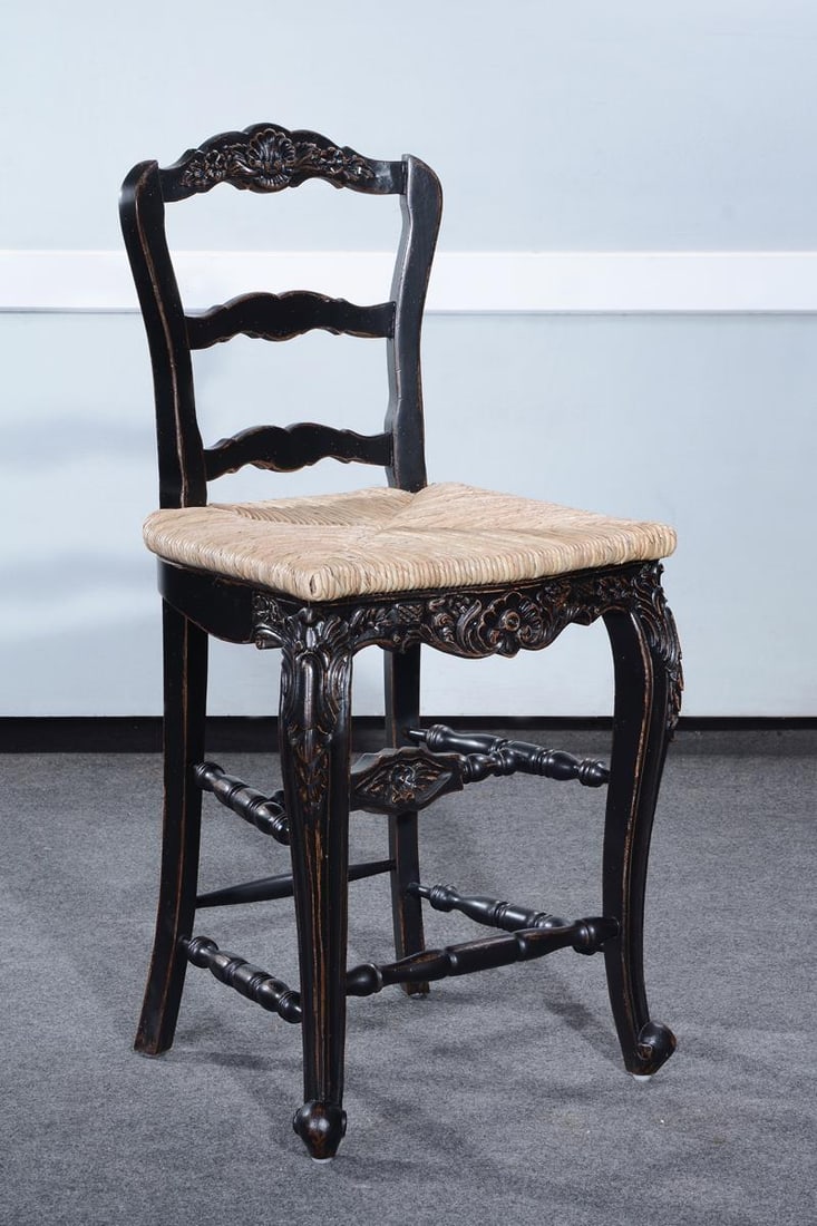 French Country Blackwash Rattan Bar Stool 43.5H: French Country Blackwash Rattan Bar Stool 43.5H Elevate your dining or entertaining area with this French Country Antique Style Blackwash Bar Stool. Designed in an antique or vintage style, this bar s