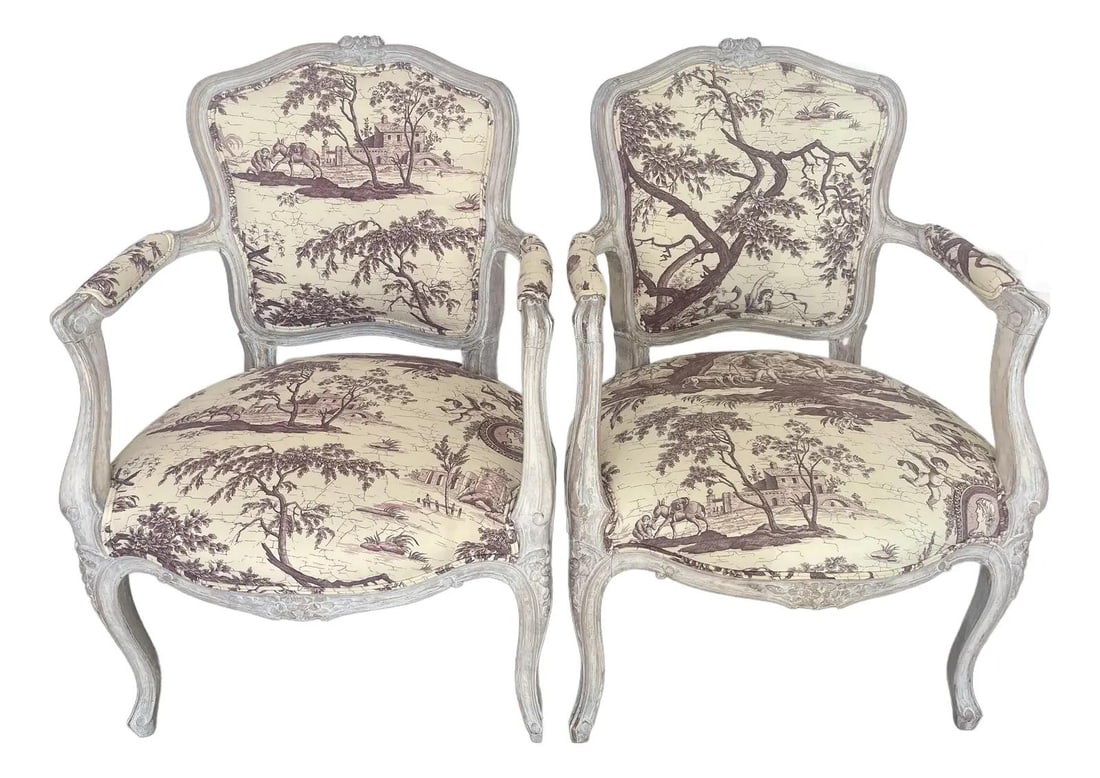 Set of Two Louis XV Cabriolet Armchairs Off-White Ceruse 19th Century: Set of Two Louis XV Cabriolet Armchairs Off-White Ceruse 19th Century This pair of early 19th-century Louis XV style "Cabriolet" armchairs features a recently applied off-white ceruse painted and waxe