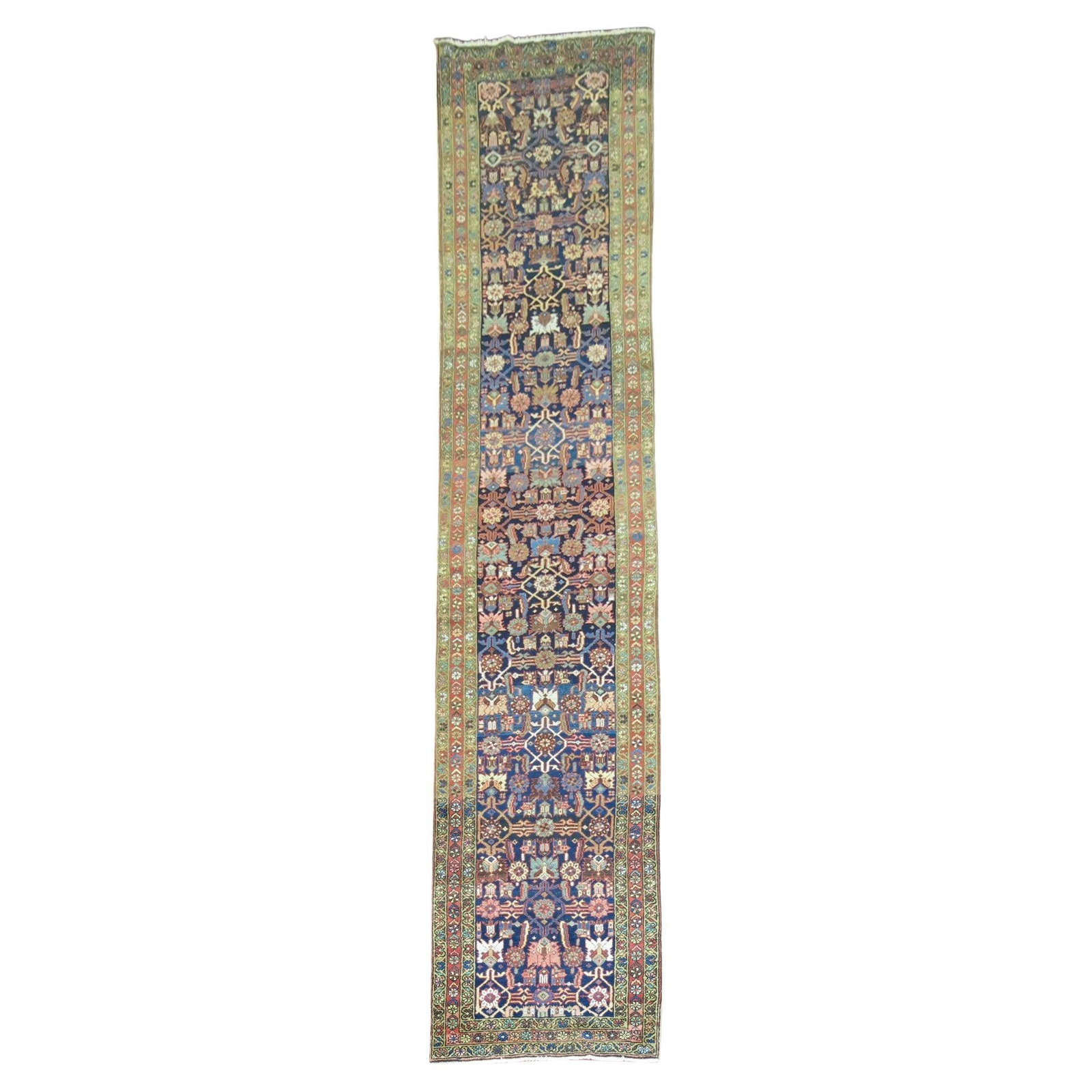 Antique Persian Heriz Runner 1930s Wool Folk Art 3'2'' x 14'7'': Antique Persian Heriz Runner 1930s Wool Folk Art 3'2'' x 14'7'' Discover the elegance of this Long Antique Persian Heriz Runner, a true representation of early 20th-century folk art. Crafted from high