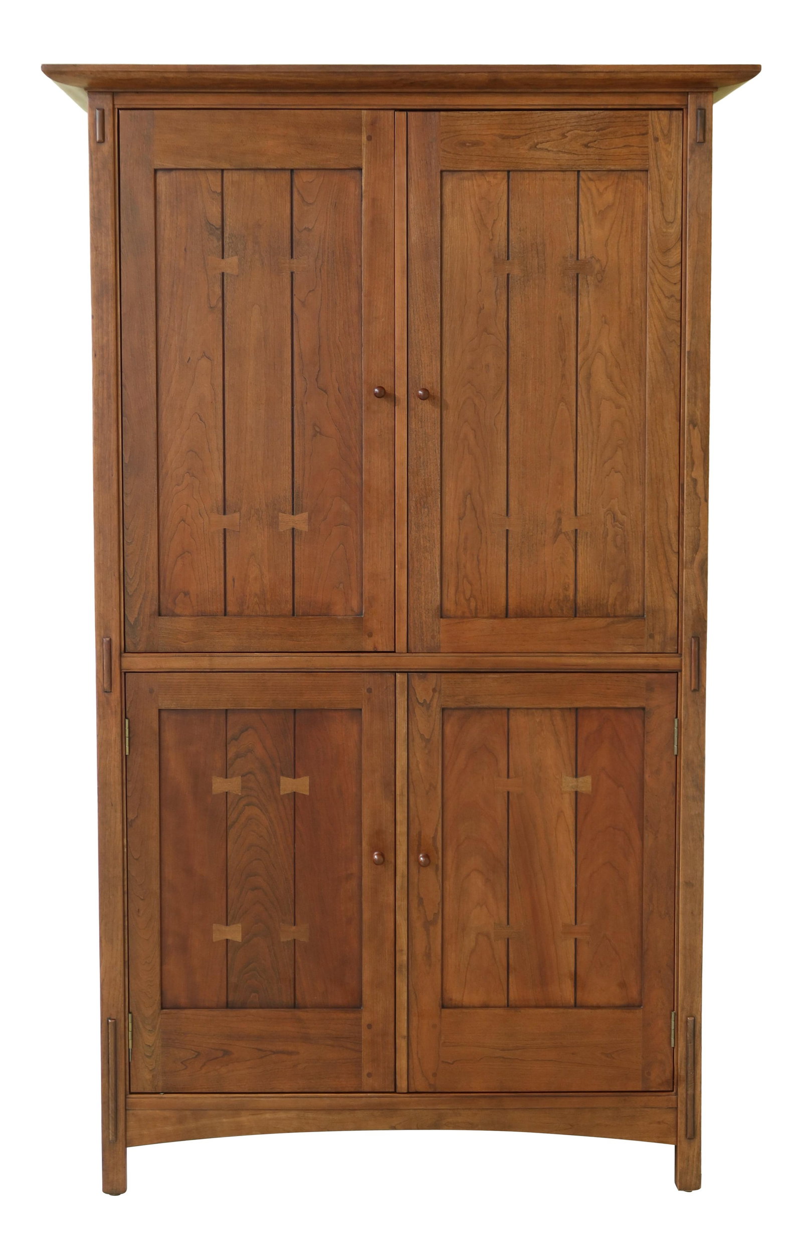 Stickley Arts & Crafts Mission Cherry TV Armoire 1997 Bowtie Inlay Brown: Stickley Arts & Crafts Mission Cherry TV Armoire 1997 Bowtie Inlay Brown This Stickley Arts & Crafts Mission Cherry TV Armoire, crafted circa 1997, showcases exceptional quality and timeless design. C