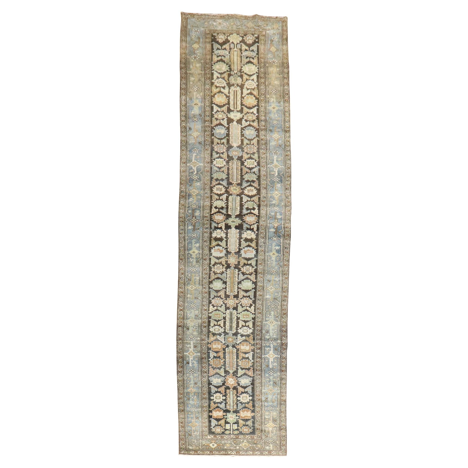 Antique Persian Heriz Runner Wool Hand-Knotted 1920 Rustic Design 3'7 x 15'9: Antique Persian Heriz Runner Wool Hand-Knotted 1920 Rustic Design 3'7 x 15'9 Introducing the Zabihi Collection Wide Antique Persian Heriz Runner, a stunning piece that embodies rustic charm and exquis