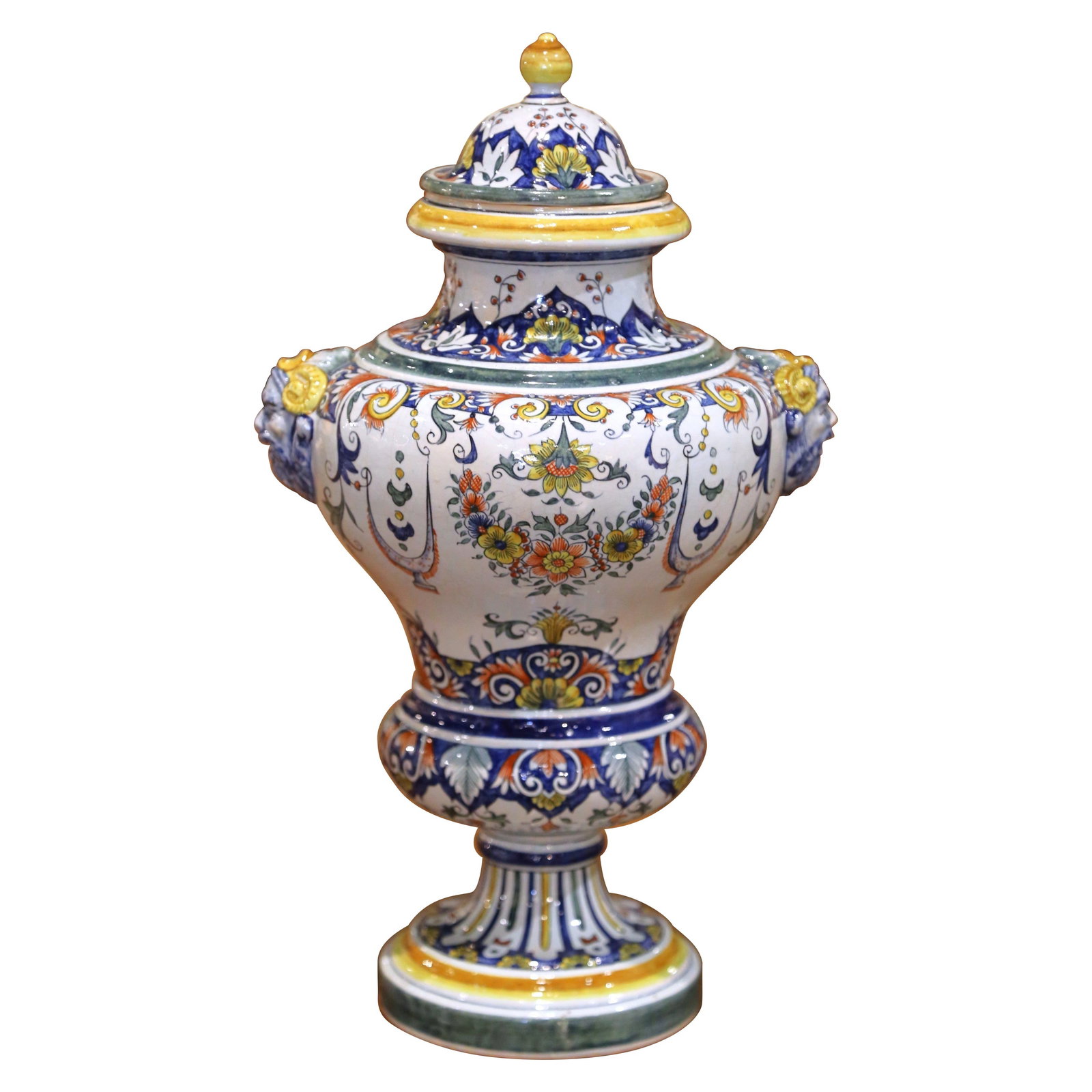 French Rouen Revival Faience Urn with Ram Head Motifs Circa 1880 (1 of 11)