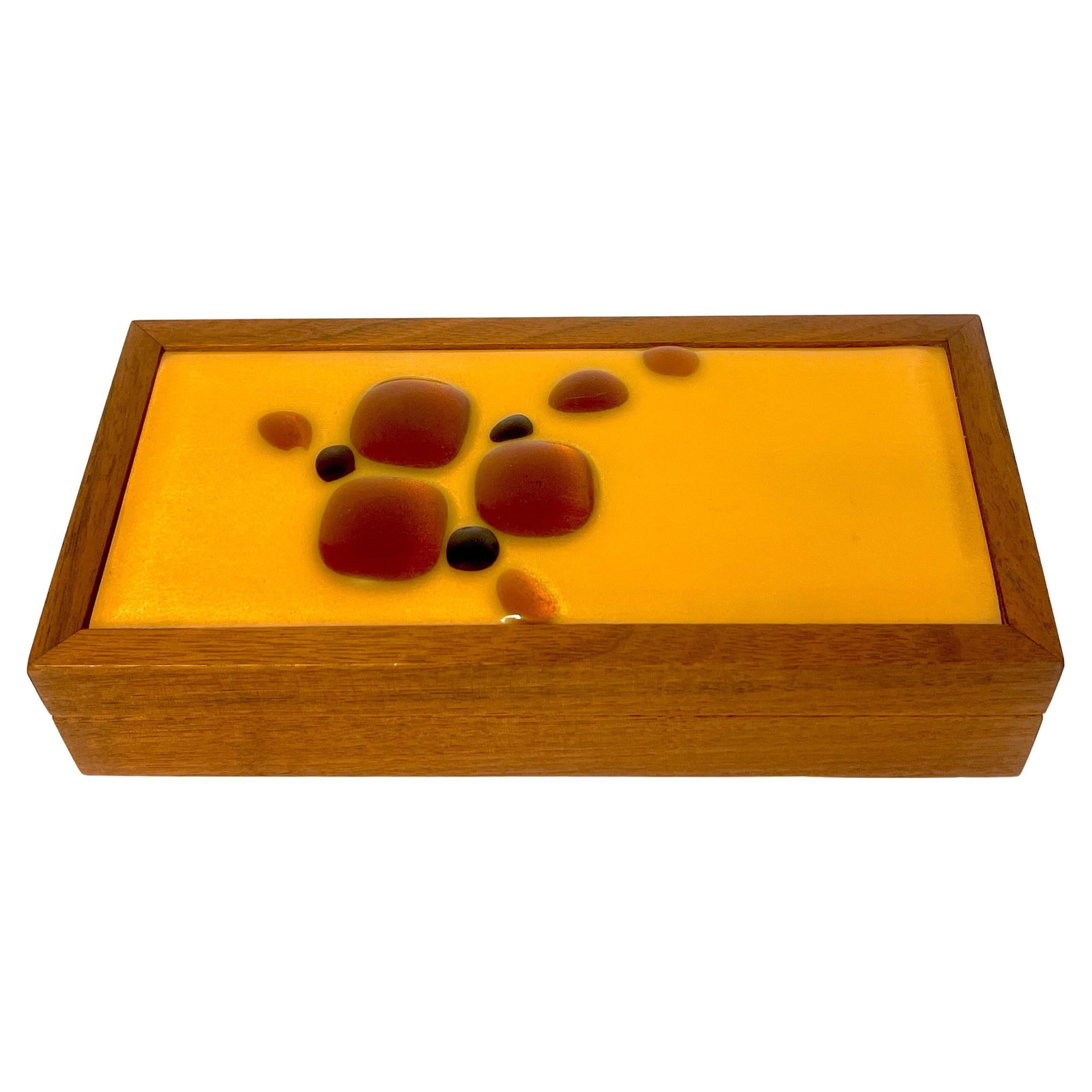 Danish Modern Teak Table Box with Enameled Copper Top: Danish Modern Teak Table Box with Enameled Copper Top This stunning Danish Modern Enameled Abstract Teak Table Box merges functionality with artistic flair. Crafted in the 1980s, this rectangular box 