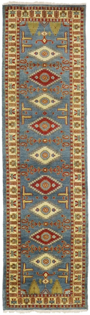 Hand-Knotted Wool Geometric Runner Rug 2'8 x 9'9 Modern Blue Tribal Pattern: Hand-Knotted Wool Geometric Runner Rug 2'8 x 9'9 Modern Blue Tribal Pattern This Kazak oriental runner rug features a geometric design in a blend of blue, cream, rusty red, gold, brown, olive, and lig
