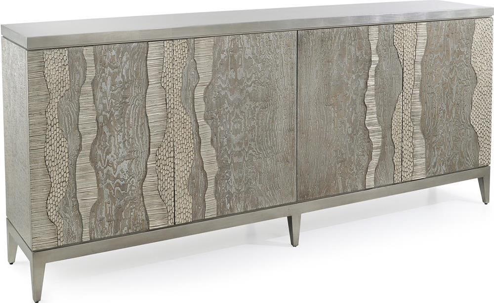 John-Richard River's Edge Silver Credenza for Modern Decor: John-Richard River's Edge Silver Credenza for Modern Decor Introducing an elegant silver credenza designed for modern spaces. This stylish piece features a vintage-inspired design and is part of the R